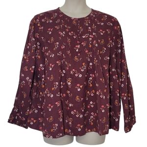 NWT St. John's Bay Merlot Burgundy Floral Button-Detail Top Plus Size 1x Cotton